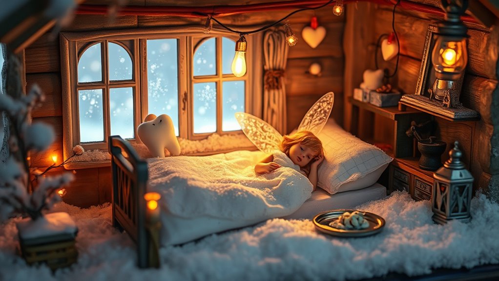 fairy gathering in snowy cottage